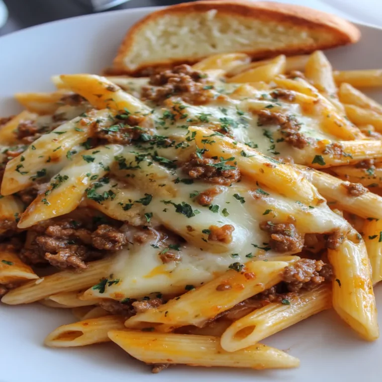 cheesy penne, garlic butter, ground beef, savory, delicious, aromatic, hearty