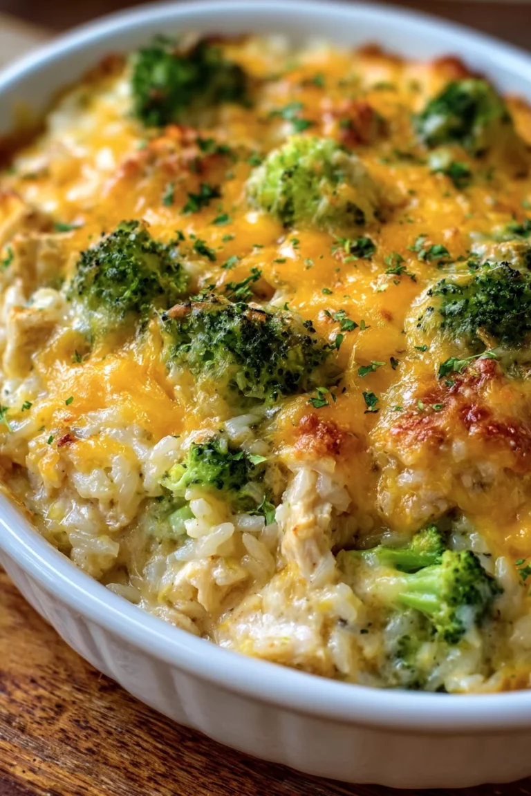 creamy chicken broccoli rice cheese casserole, comforting, cheesy, savory, delicious, homemade