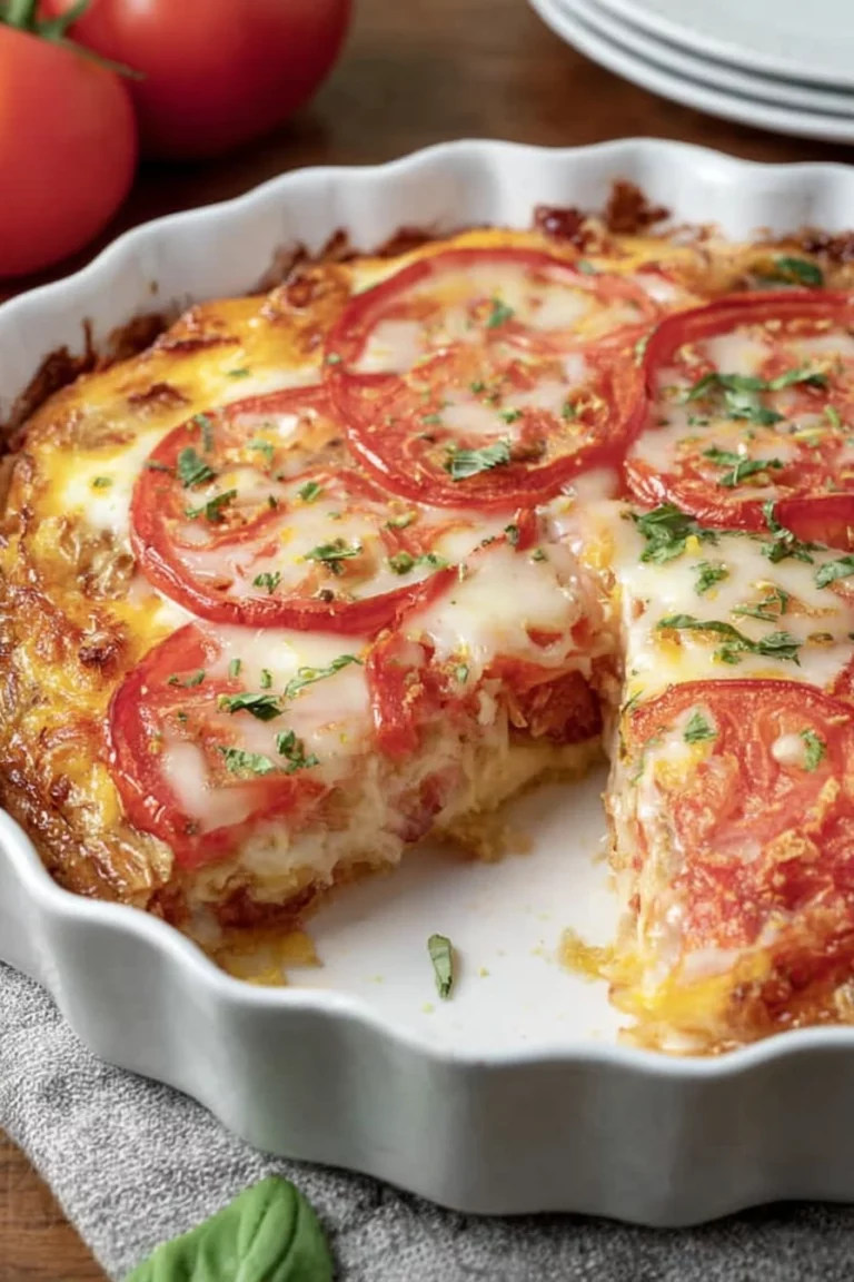 tomato pie, easy recipe, crustless, savory, juicy tomatoes, flavorful herbs