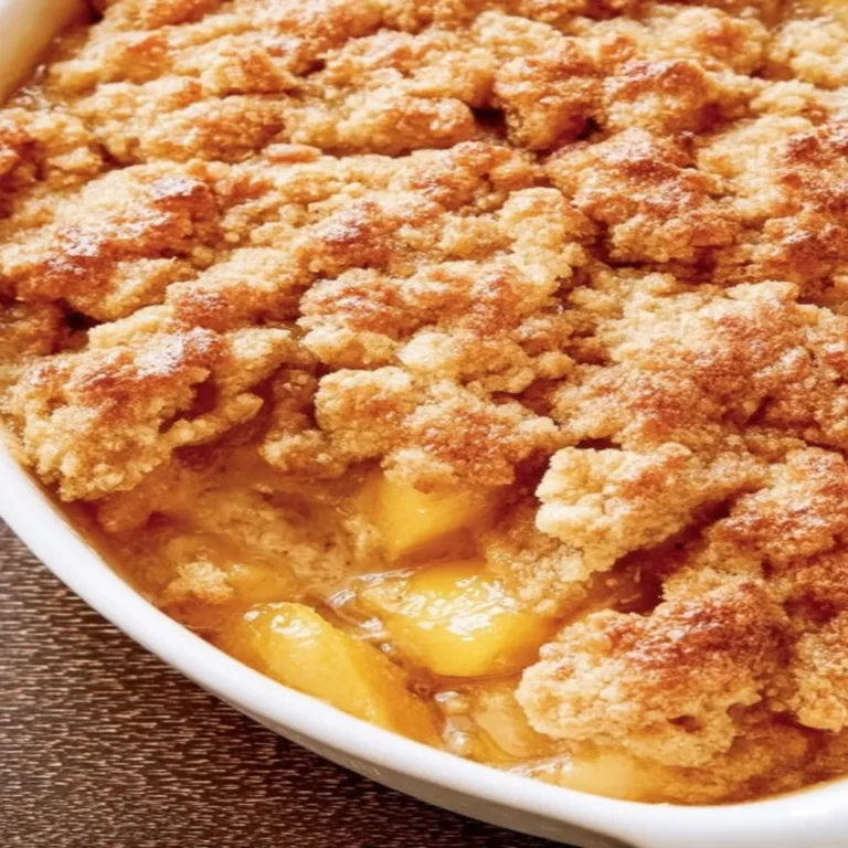 easy peach cobbler, delicious dessert, juicy peaches, sweet crumble topping, baked perfection
