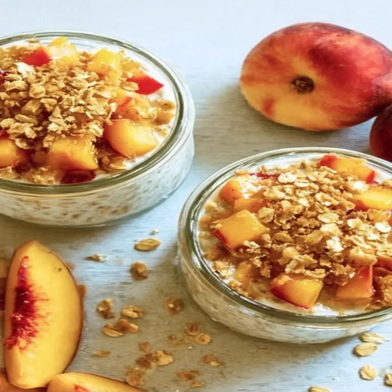 Fresh peach cobbler, overnight oats, juicy peaches, cinnamon spice