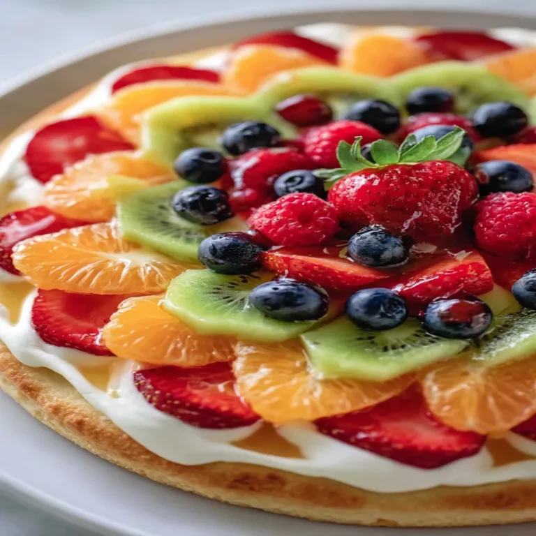 fruit pizza, colorful toppings, delicious dessert, sweet and tangy, fresh ingredients, mouth-watering, fruity explosion