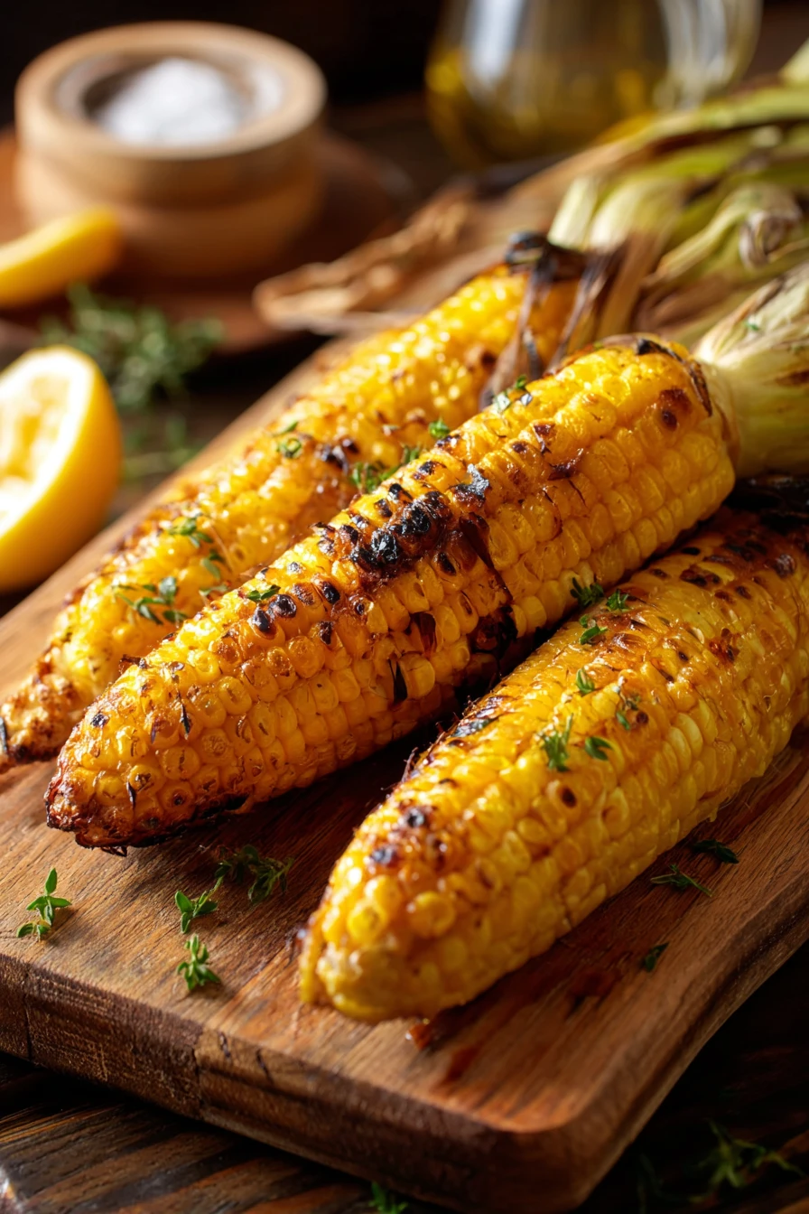 Grilled corn on the cob, smoky, charred, summer BBQ, delicious, juicy corn.