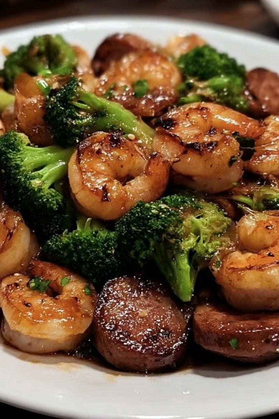 honey garlic shrimp, sausage, broccoli, savory, flavorful, delicious dish