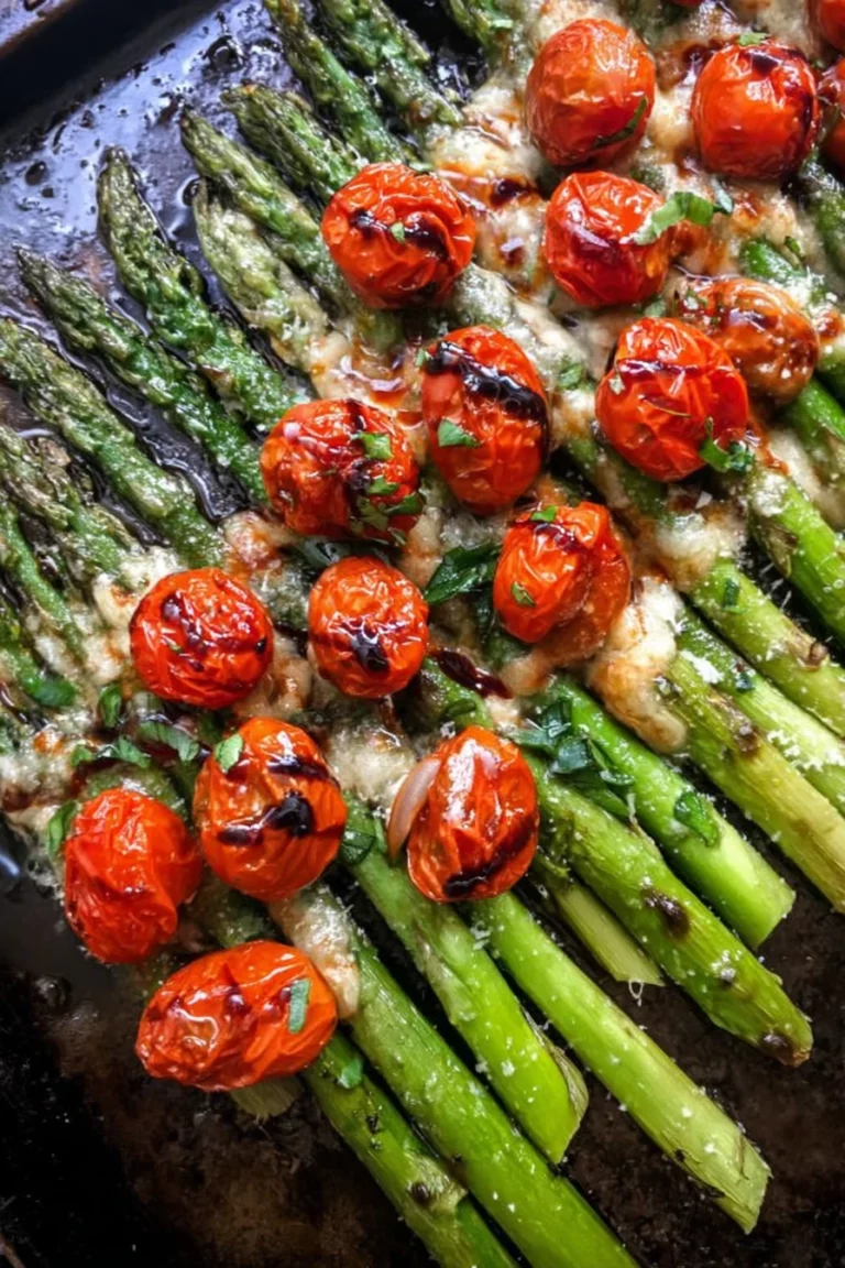 Parmesan roasted asparagus, tomatoes, balsamic, savory, vibrant colors