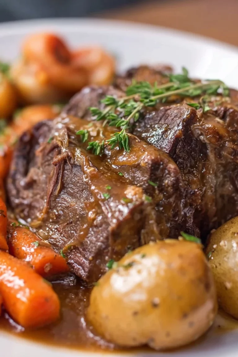 slow cooker pot roast, juicy beef, tender vegetables, savory herbs, hearty meal