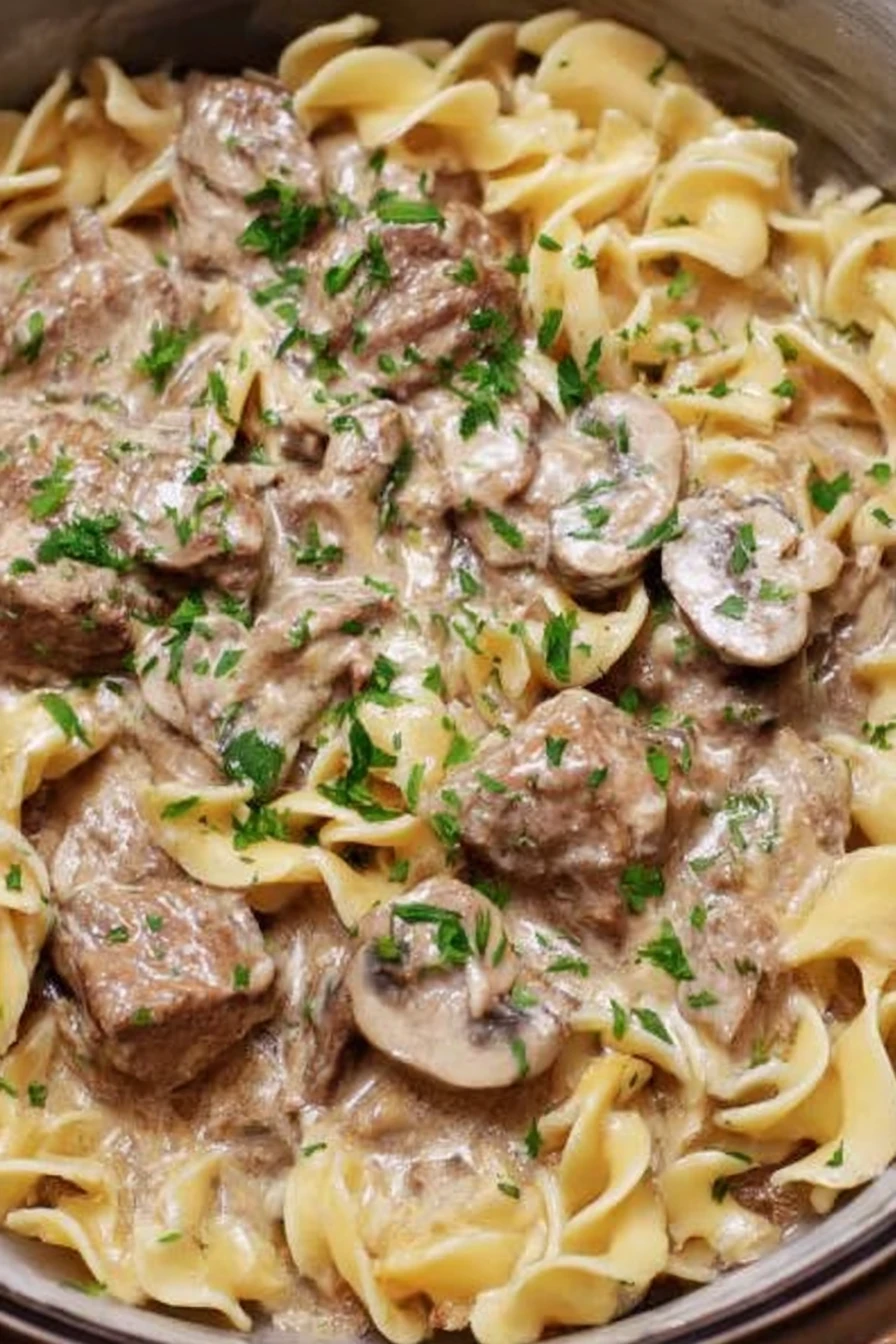 slow cooker beef stroganoff, savory, tender, creamy, hearty, comfort food