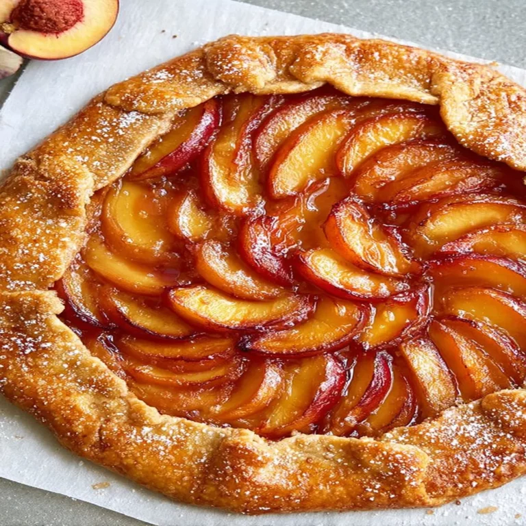summer, peach galette, juicy fruit, flaky crust, golden brown, delicious aroma
