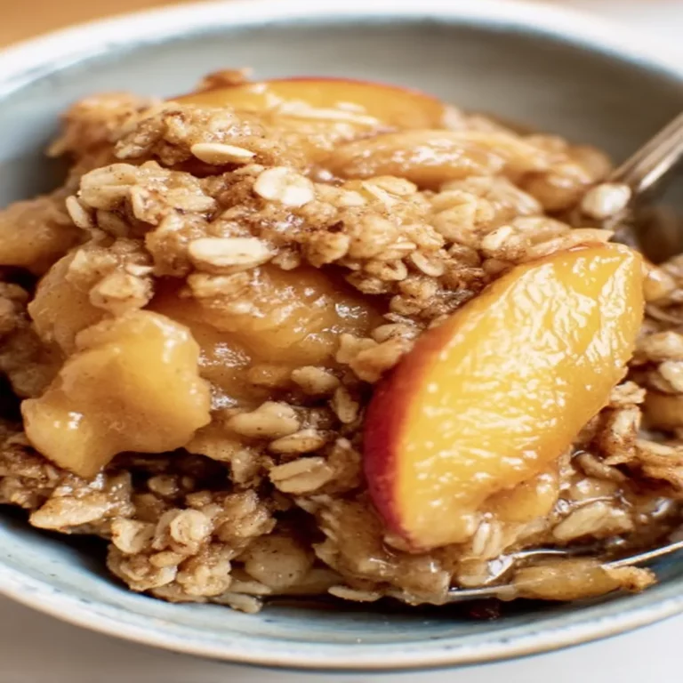 peach crisp recipe, delicious dessert, sweet, crunchy, juicy peaches