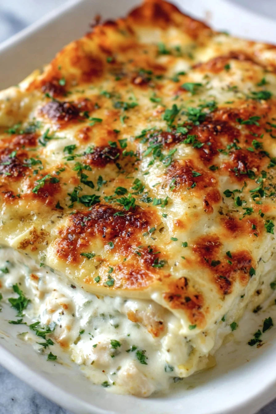 chicken alfredo lasagna, creamy, indulgent, savory, cheesy, delicious
