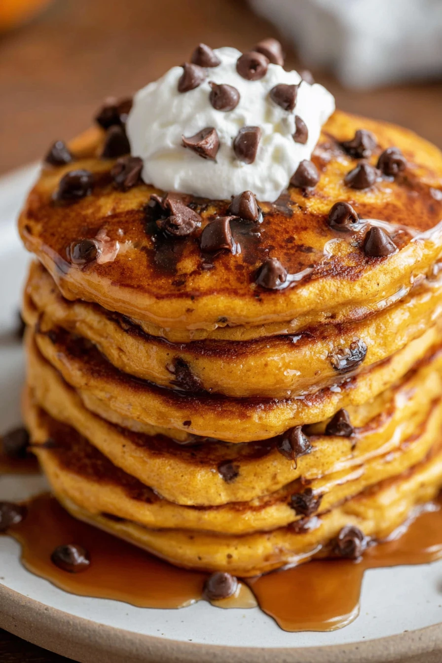 chocolate chip, pumpkin pancakes, delicious, fluffy, fall flavors, sweet and savory