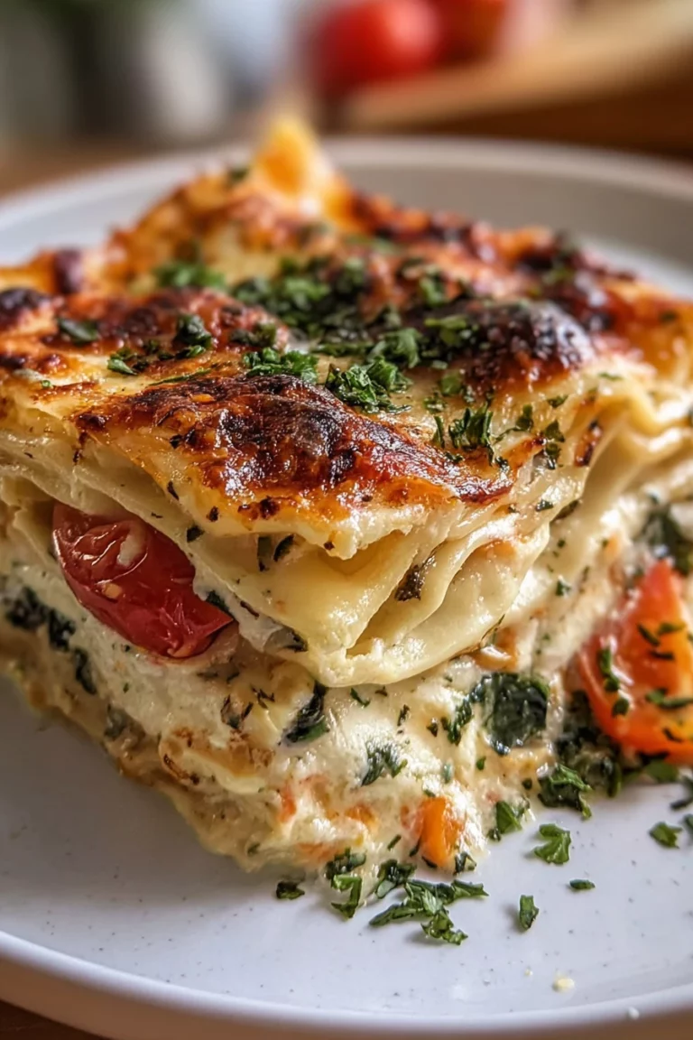 loaded veggie white lasagna, creamy, flavorful, cheesy, nutritious, delicious vegan option