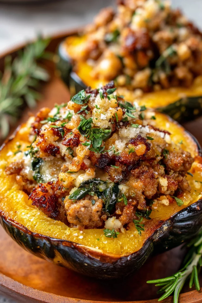 sausage, stuffed acorn squash, savory, hearty, fall flavors, delicious