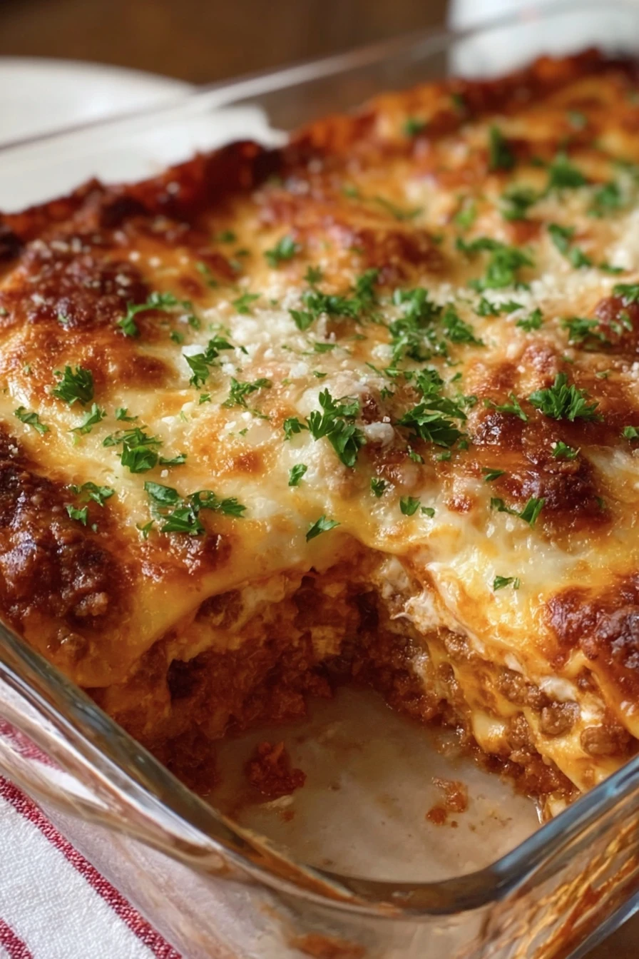 Super Easy Lasagna, cheesy layers, savory meat, deliciously baked